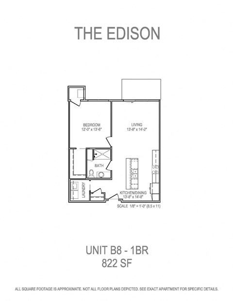 Floor plan for 1 bed, 1 bath, 822 sqft